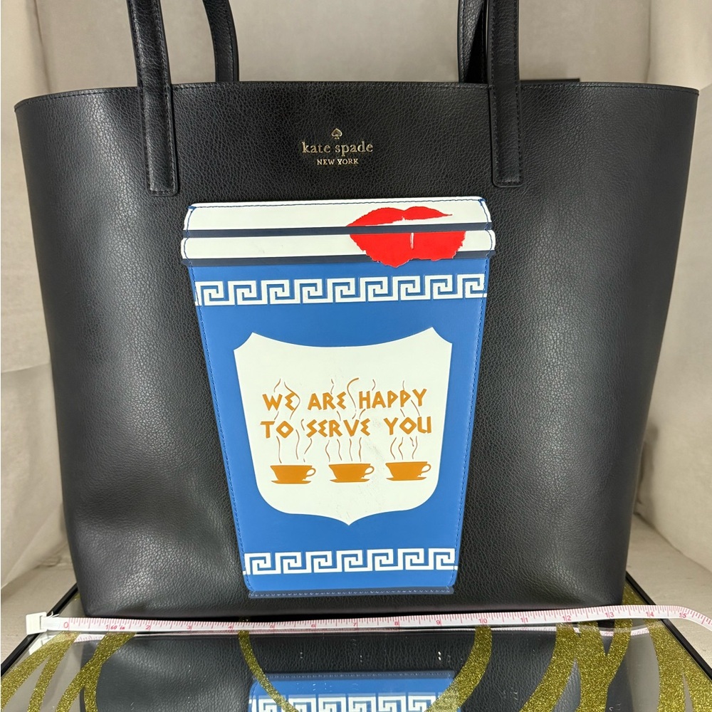 Kate Spade Black Tote with Blue Coffee Cup Graphic - Picture 3 of 10